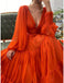 Long Sleeve Orange V Neck Princess Chiffon Long Prom Dresses With Ruffles