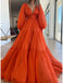 Long Sleeve Orange V Neck Princess Chiffon Long Prom Dresses With Ruffles