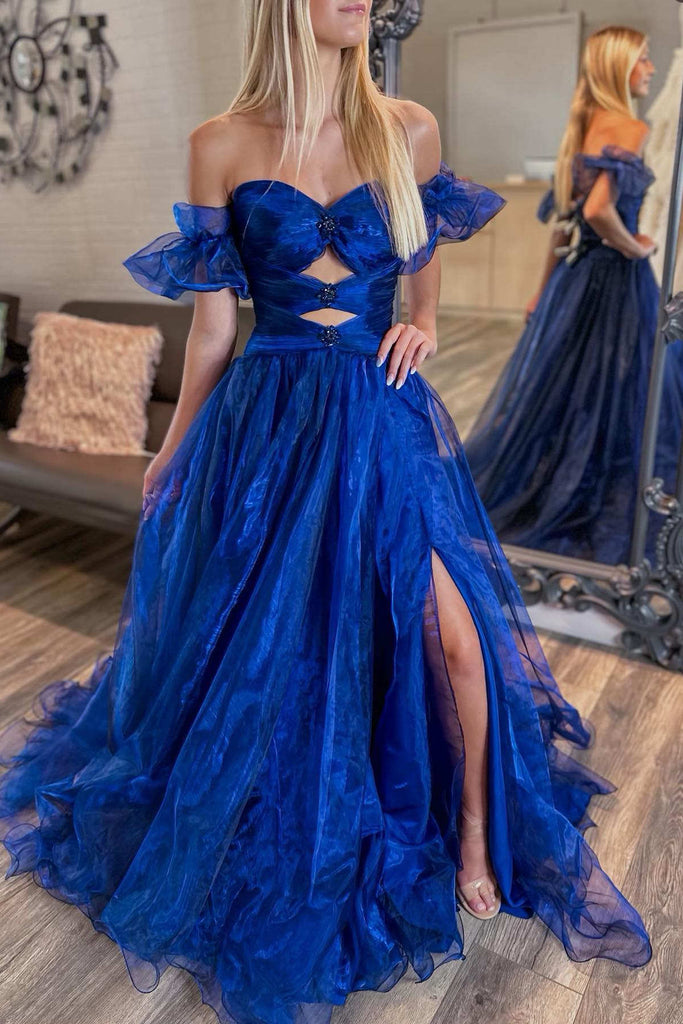 Sweetheart Royal Blue Keyhole Slit Long Prom Dress With Balloon Sleeves