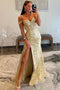 Off the Shoulder Gold Sequins Prom Dress, Mermaid Evening Dress With Slit