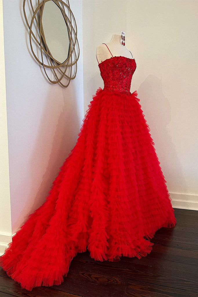 Spaghetti Straps Red Pleated Sequin A Line Prom Formal Gown With Appliques