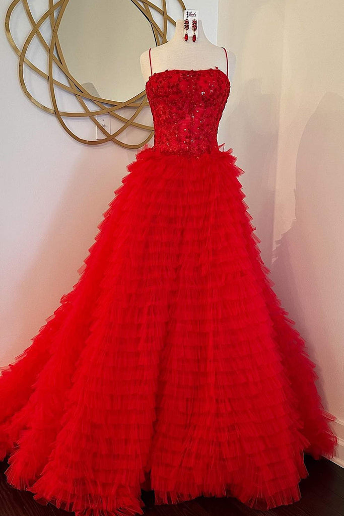 Spaghetti Straps Red Pleated Sequin A Line Prom Formal Gown With Appliques