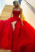 Spaghetti Straps Red Pleated Sequin A Line Prom Formal Gown With Appliques