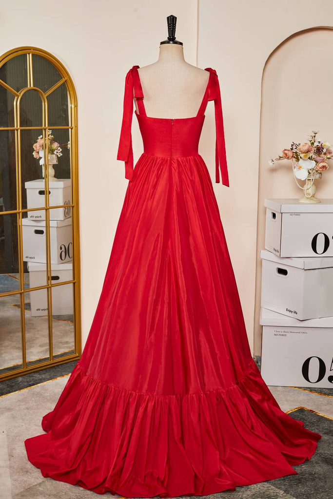 Sweetheart Red Satin A-Line Long Prom Dress With Tie Straps, Elegant Formal Gown