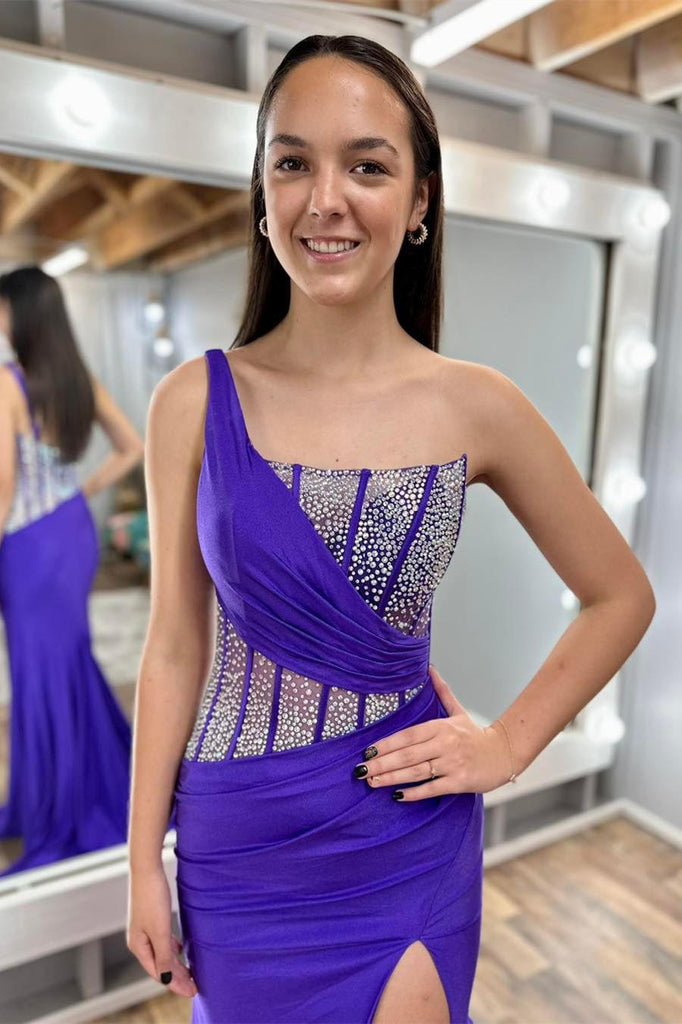 One Shoulder Purple Mermaid Beading Long Prom Dress With Slit