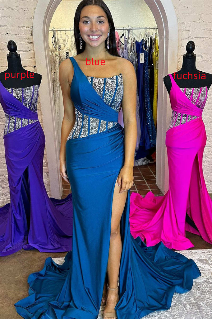 One Shoulder Purple Mermaid Beading Long Prom Dress With Slit