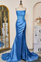 Strapless Blue Mermaid Ruched Long Party Dress With Slit