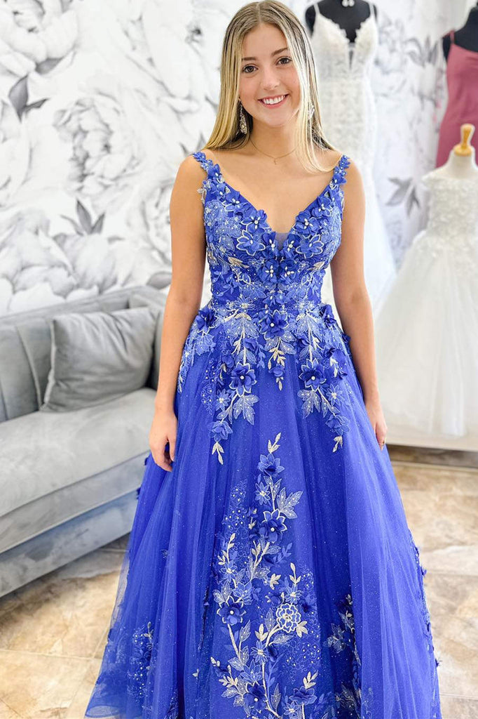 V-neck Party Dress, Embroidery Blue A Line Long Prom Dress with Appliques