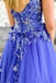 V-neck Party Dress, Embroidery Blue A Line Long Prom Dress with Appliques