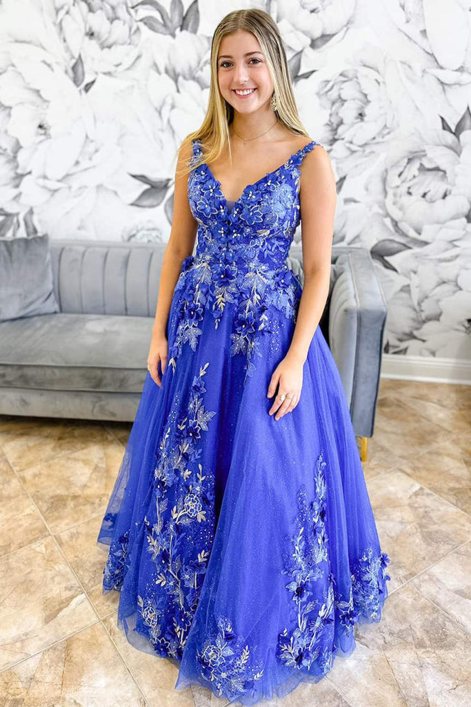 V-neck Party Dress, Embroidery Blue A Line Long Prom Dress with Appliques