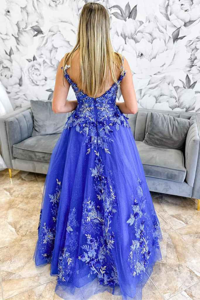 V-neck Party Dress, Embroidery Blue A Line Long Prom Dress with Appliques