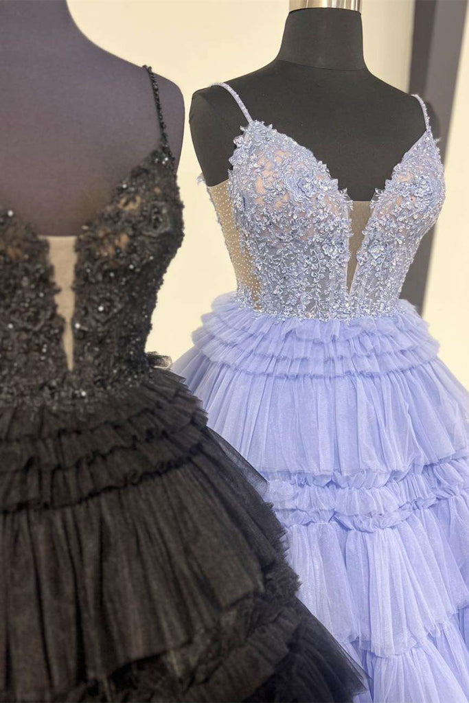 Spaghetti Straps V Neck Appliques Long Prom Dress With Layered Beading