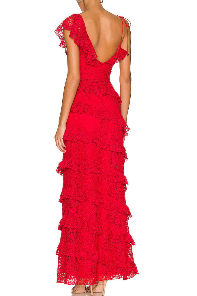 Pretty Red Lace Sleeveless Long Prom Formal Dress With Layers