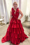 Halter Red Tiered Sleeveless Long Prom Dress With Pleated