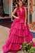 Halter Red Tiered Sleeveless Long Prom Dress With Pleated