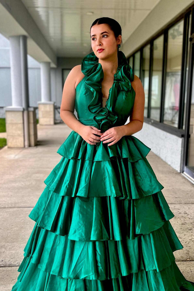 Halter Red Tiered Sleeveless Long Prom Dress With Pleated