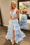 Sequined Light Blue Halter Long Prom Dress With Ruffle Appliques