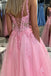 Princess Pink Lace 3D Flowers A Line Long Prom Dress With Slit