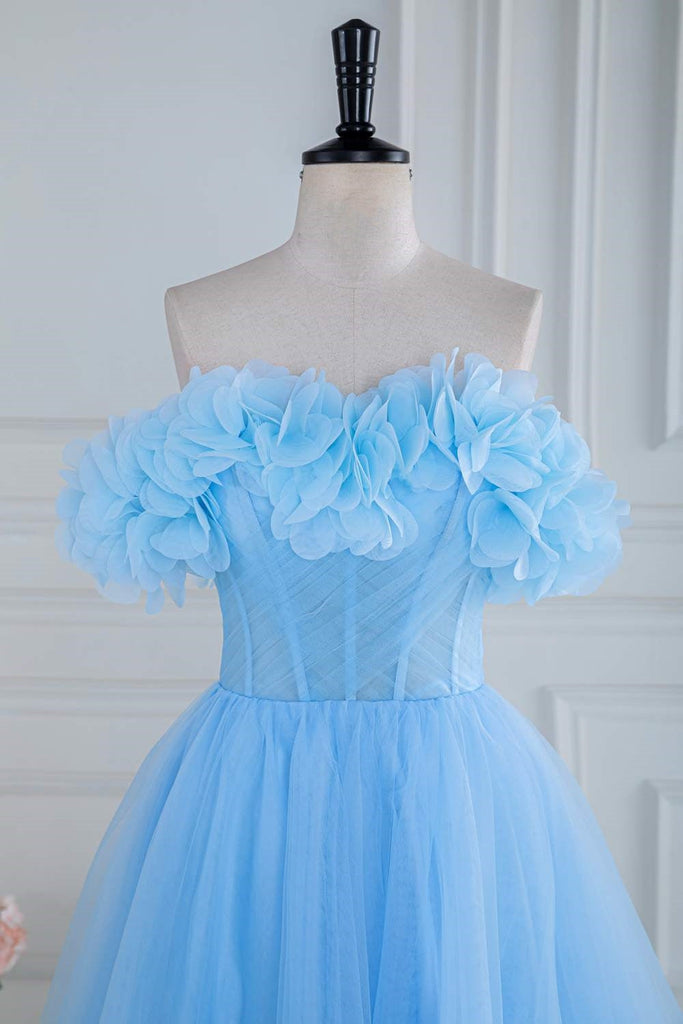 A-Line Blue Off the Shoulder Tulle Long Prom Dress With Flower