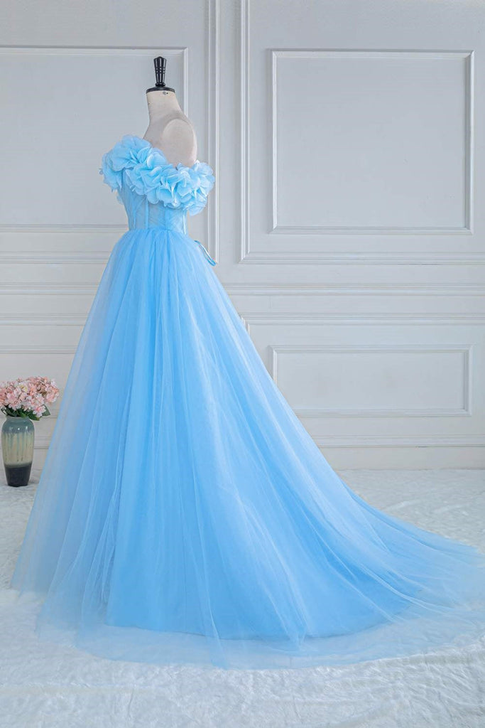 A-Line Blue Off the Shoulder Tulle Long Prom Dress With Flower