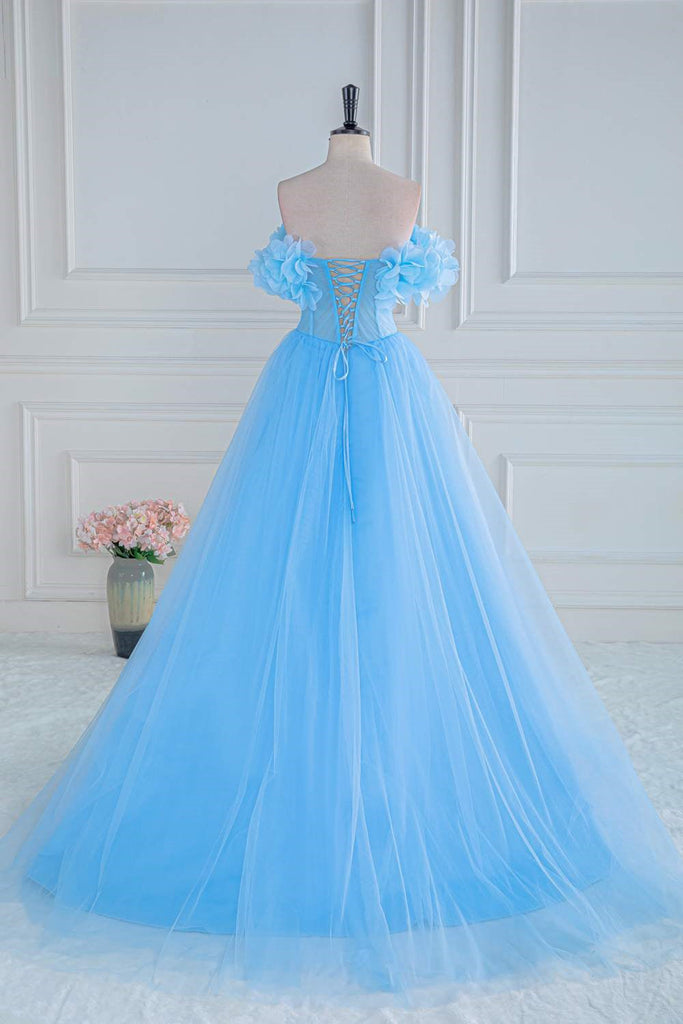 A-Line Blue Off the Shoulder Tulle Long Prom Dress With Flower