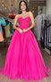 Strapless Pink Tulle Backless A Line Long Prom Dress With Lace Top