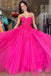 Strapless Pink Tulle Backless A Line Long Prom Dress With Lace Top