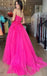 Strapless Pink Tulle Backless A Line Long Prom Dress With Lace Top