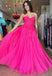 Strapless Pink Tulle Backless A Line Long Prom Dress With Lace Top