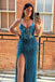 Straps Teal Sleeveless Mirror Sequin Feathers Prom Dress With Slit