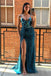 Straps Teal Sleeveless Mirror Sequin Feathers Prom Dress With Slit