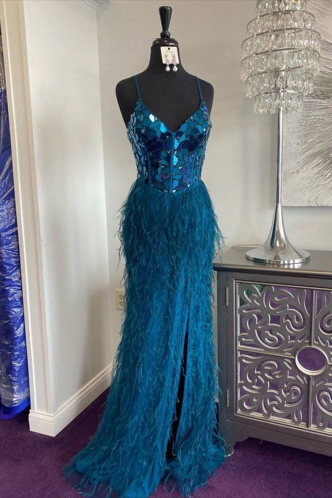 Straps Teal Sleeveless Mirror Sequin Feathers Prom Dress With Slit