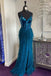 Straps Teal Sleeveless Mirror Sequin Feathers Prom Dress With Slit