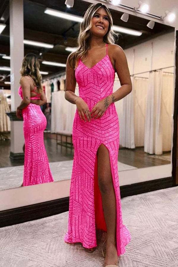 Spaghetti Straps Mermaid Long Dress With Split, Sequin Formal Evening Dress