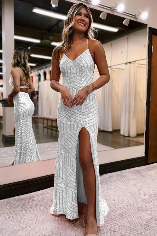 Spaghetti Straps Mermaid Long Dress With Split, Sequin Formal Evening Dress