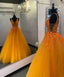 Straps Orange Tulle Long Prom Dress With Appliques, Orange Tulle Ball Gown