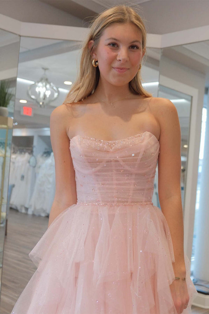 Sweetheart Light Pink Ruffle Tulle Prom Dress With Beading Sequins