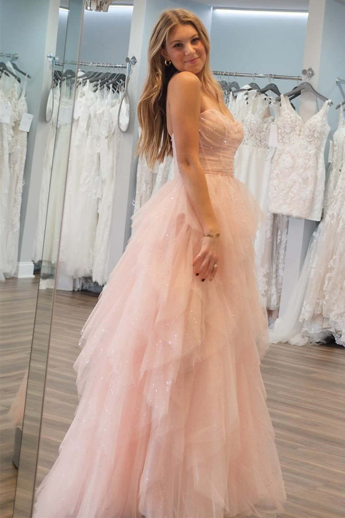 Sweetheart Light Pink Ruffle Tulle Prom Dress With Beading Sequins