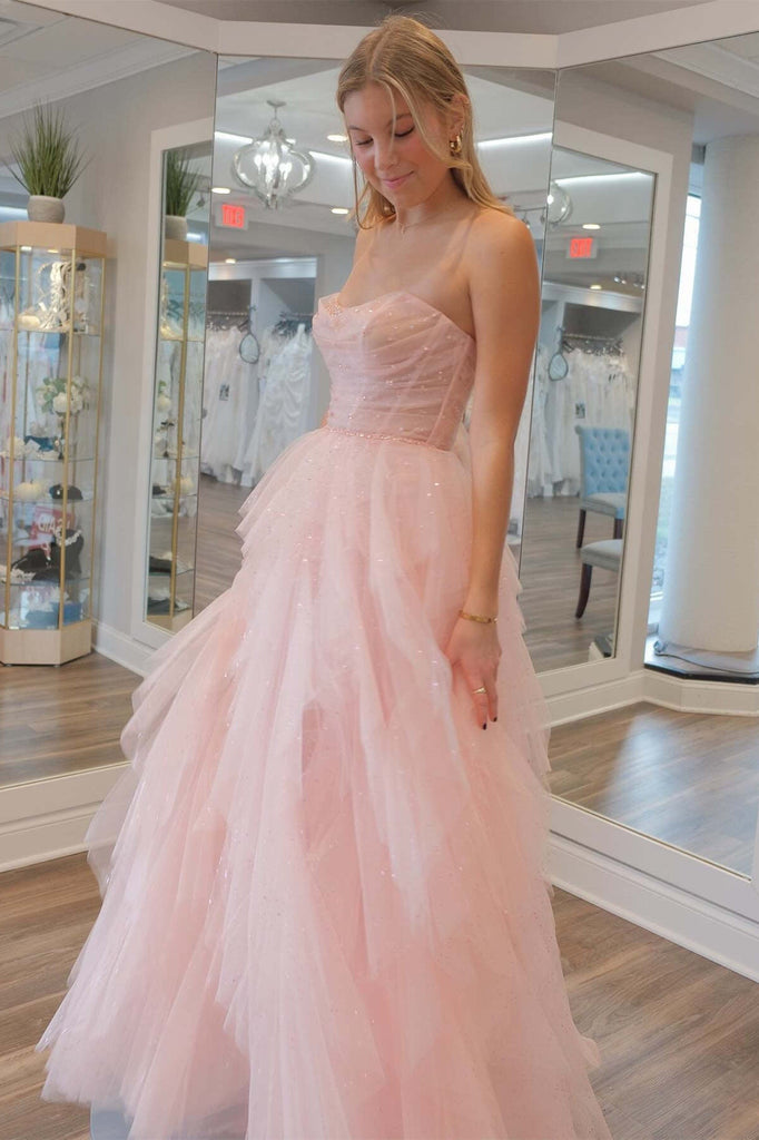 Sweetheart Light Pink Ruffle Tulle Prom Dress With Beading Sequins