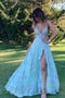 Spaghetti Straps Blue V Neck Applique Tulle Long Prom Dress With Split