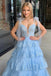 Long Party Dress With Layered, Tie Staps Light Blue Plunging Neck Prom Dress