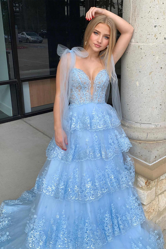 Long Party Dress With Layered, Tie Staps Light Blue Plunging Neck Prom Dress