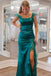 Short Sleeves Emerald Green Satin Mermaid Slit Long Prom Dress With Ruffles