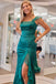 Short Sleeves Emerald Green Satin Mermaid Slit Long Prom Dress With Ruffles