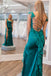 Short Sleeves Emerald Green Satin Mermaid Slit Long Prom Dress With Ruffles