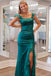 Short Sleeves Emerald Green Satin Mermaid Slit Long Prom Dress With Ruffles