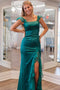 Short Sleeves Emerald Green Satin Mermaid Slit Long Prom Dress With Ruffles