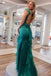 Short Sleeves Emerald Green Satin Mermaid Slit Long Prom Dress With Ruffles