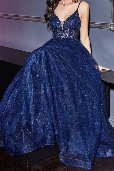 Sparkly Navy Blue A Line Spaghetti Straps Long Prom Dress With Appliques