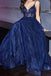 Sparkly Navy Blue A Line Spaghetti Straps Long Prom Dress With Appliques